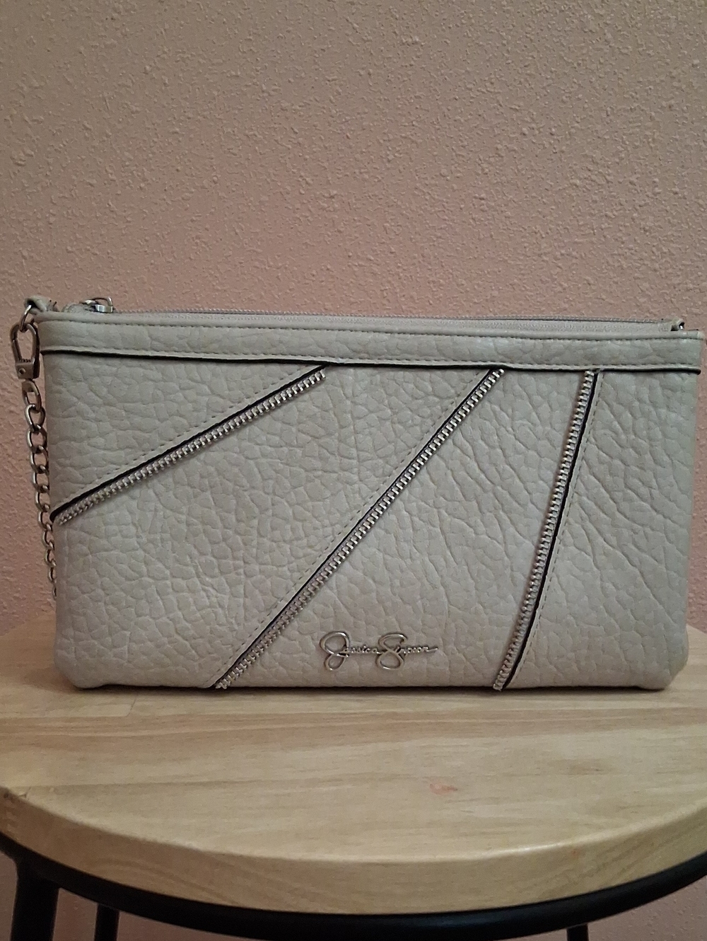 Jessica Simpson Ivory Textured Clutch with Chain Accent